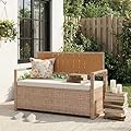 Outdoor Storage Bench with Cushion, 2-Person All-Weather PE Rattan Patio Bench with Backrest & Armrests, Waterproof Wicker Deck Box Seat for Garden, Porch, Poolside & Backyard, Metal Frame?Yellow