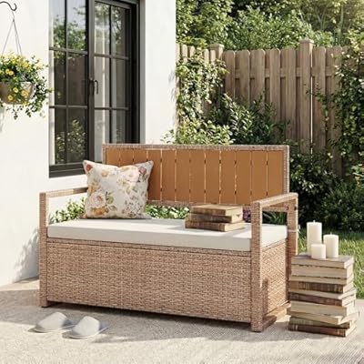 Outdoor Storage Bench with Cushion, 2-Person All-Weather PE Rattan Patio Bench with Backrest & Armrests, Waterproof Wicker Deck Box Seat for Garden, Porch, Poolside & Backyard, Metal Frame?Yellow