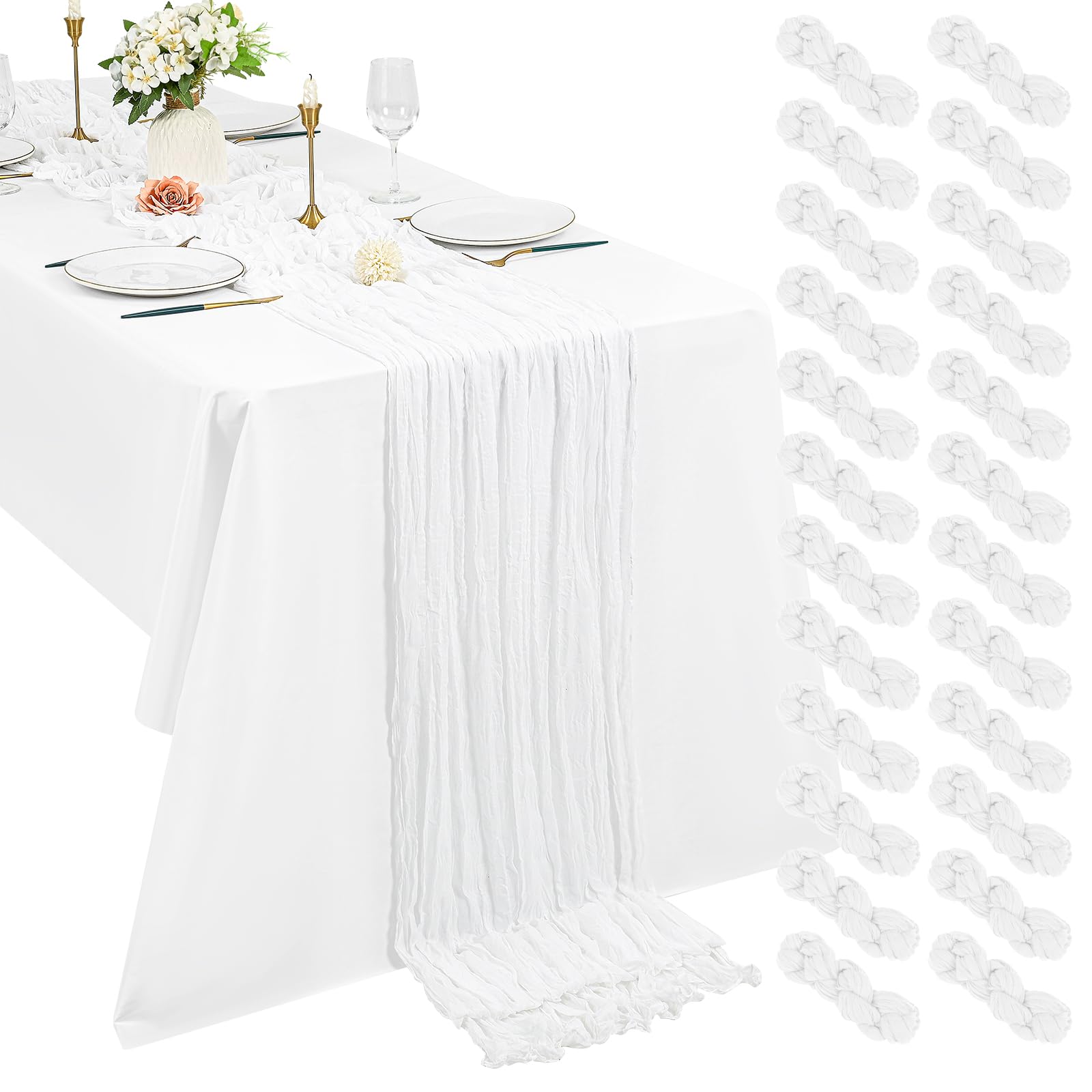 Pesonlook 24 Pack White Cheesecloth Table Runners 10Ft, 21 x 120 Inch / 55 x 300 cm Long Boho Gauze Table Runner for Wedding Reception, Bridal Shower, Baby Shower and Rustic Party Table Decor