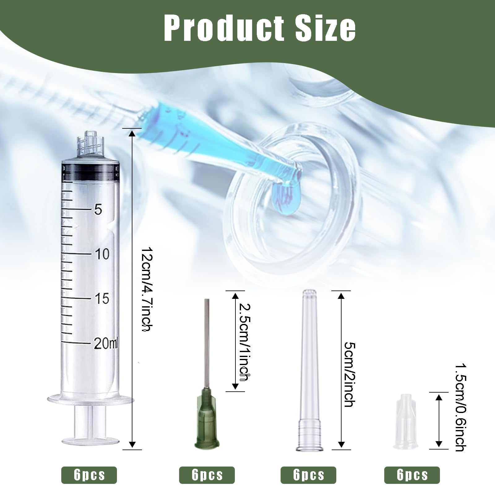 Zestaw 6 strzykawek do pokarmu, strzykawka do pomiaru płynów, strzykawka 20 ml, z igłą 14 g, 1 cal, sterylne tworzywo sztuczne ze strzykawką z kapturem do pomiaru karmy