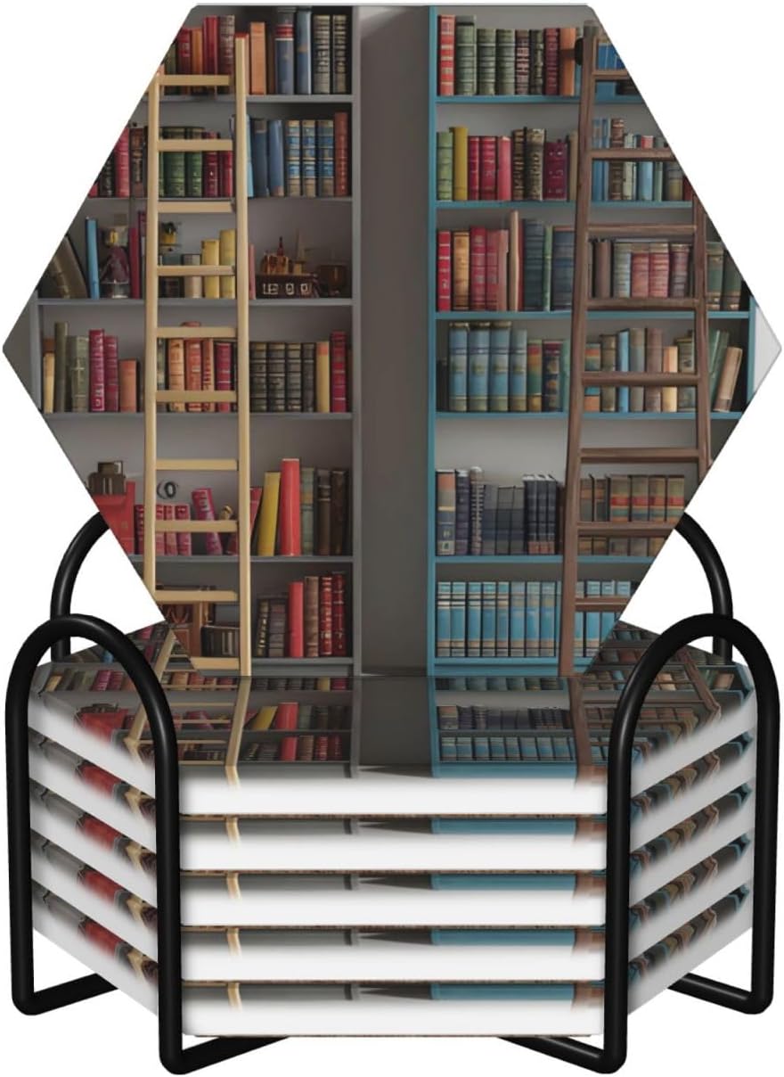 (Book Shelves Collection and Ladder) Ceramic Coasters Set of 6 with Holder Non-Slip Hexagon Coffee Coasters for for Cup Mug Drink Patio Coffee Table Decor, Christmas Coasters Home Bar Supplies