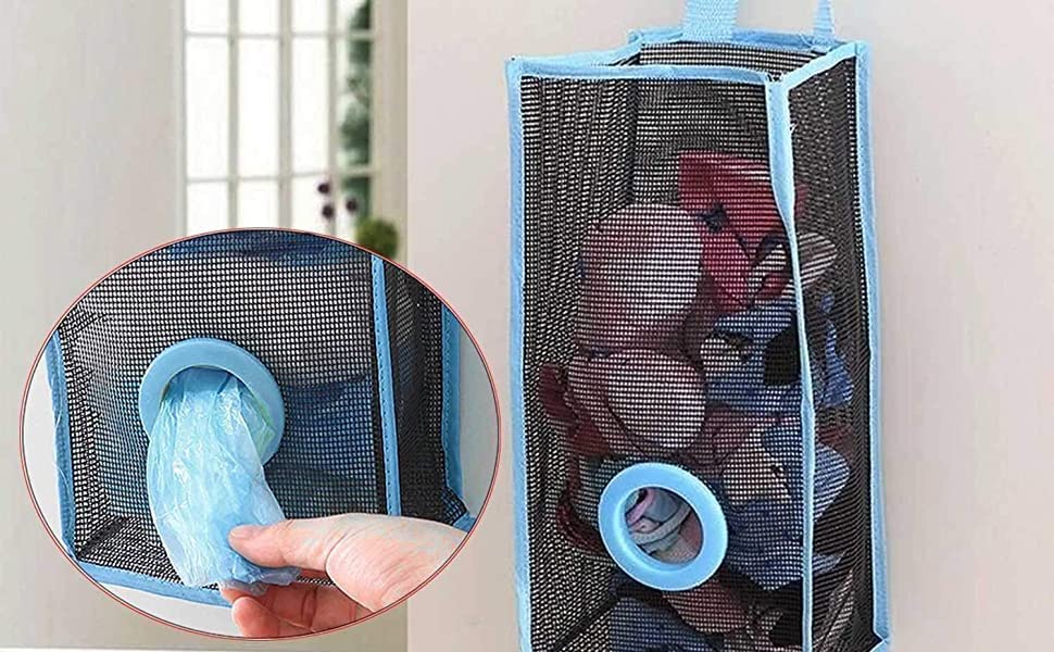 Image of Foldable Recycle Trash Mesh Hanging Shopping Grocery, Trash, Shoks Organizer Polybags Dispenser Hanging Storage Bag Holder For Kitchen, Bathroom, Office Carrier Bag Holder. (15 X 10X 5cm)