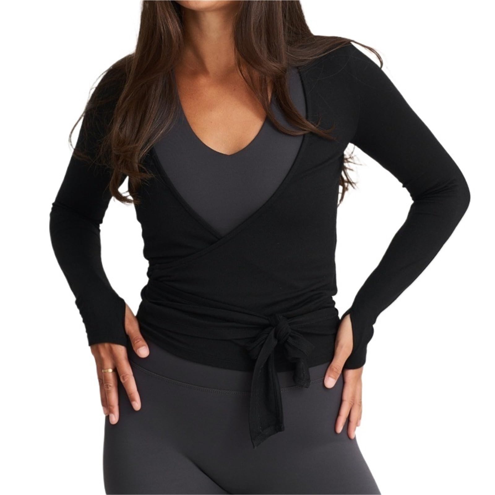 Wickeloberteil Damen Ballett-Pilates-Wickeltop for Frauen, Yoga, Tanz, langärmeliges Wickelshirt, schmale Krawatte vorne, Ausgehen, bauchfreie Tops