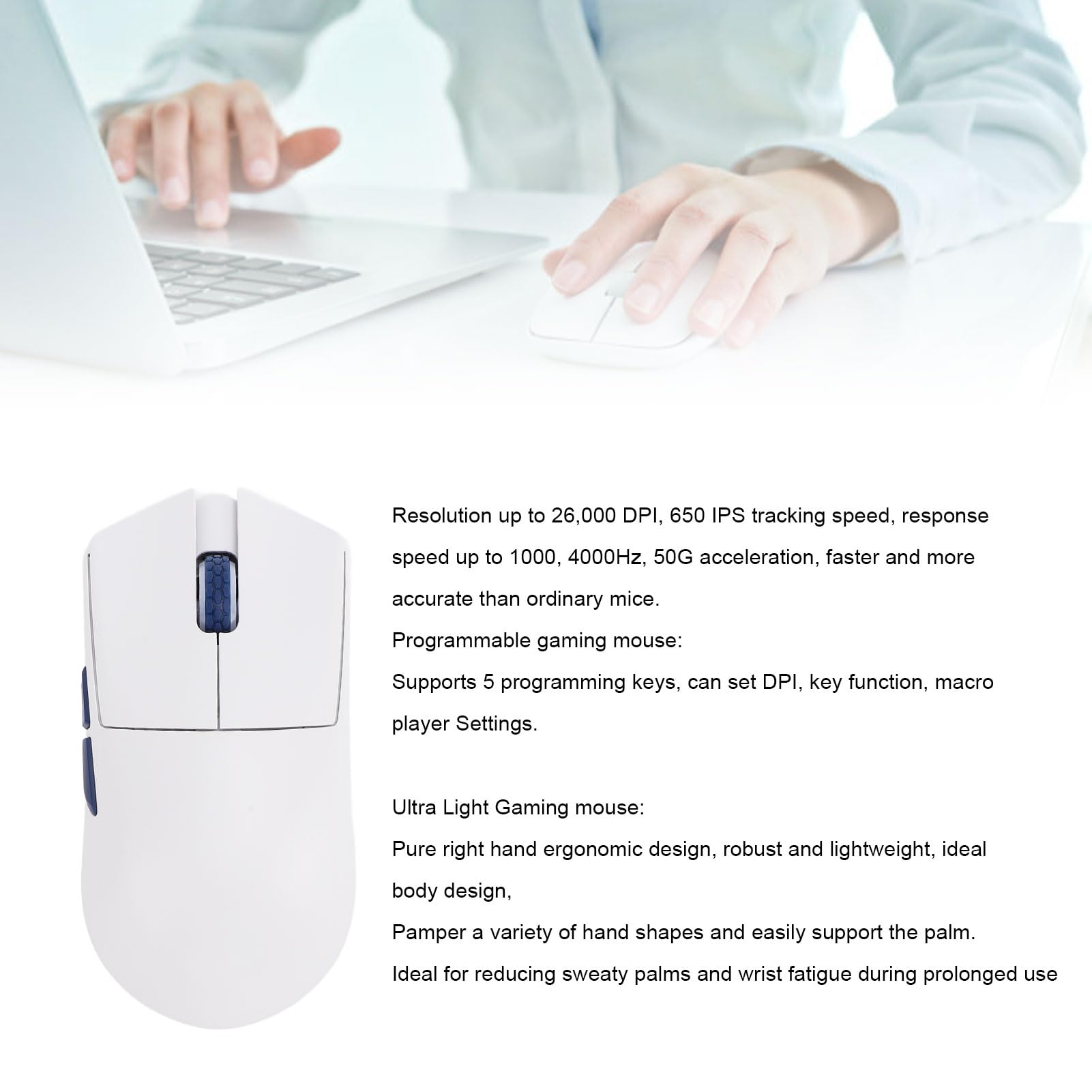 Denash Łatwa Bezprzewodowa Gra Myszka 26000dpi Ultra Responsive 5-Button dla Komputerowego Komputera, łączność BT/2.4G dla Graczy w WinxP,