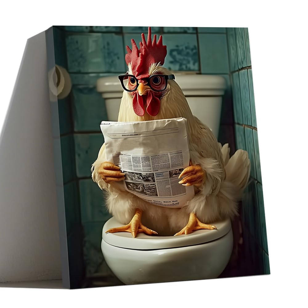 LMYSXAOZ Rooster Canvas Wall Art for Bathroom Decor Funny Chicken on Toilet Reading Newspaper Pictures Farmhouse Animal Paintings Prints Restroom (40x50cm)