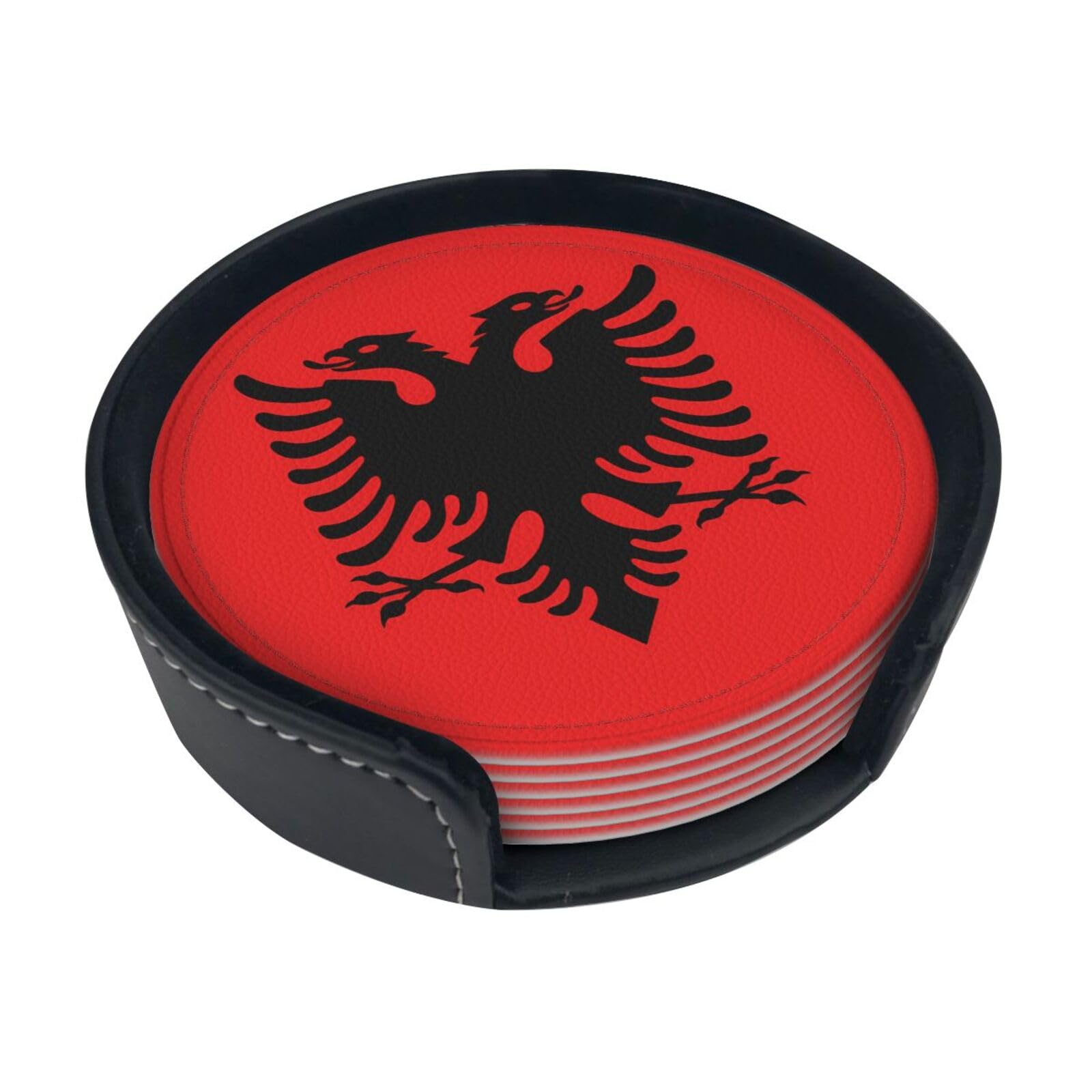 Cntdbu White Albanian Flag Leather Coasters Set Of 6-Pu Leather Drink Mats For Table, Heat Resistant Round Coasters With Holder