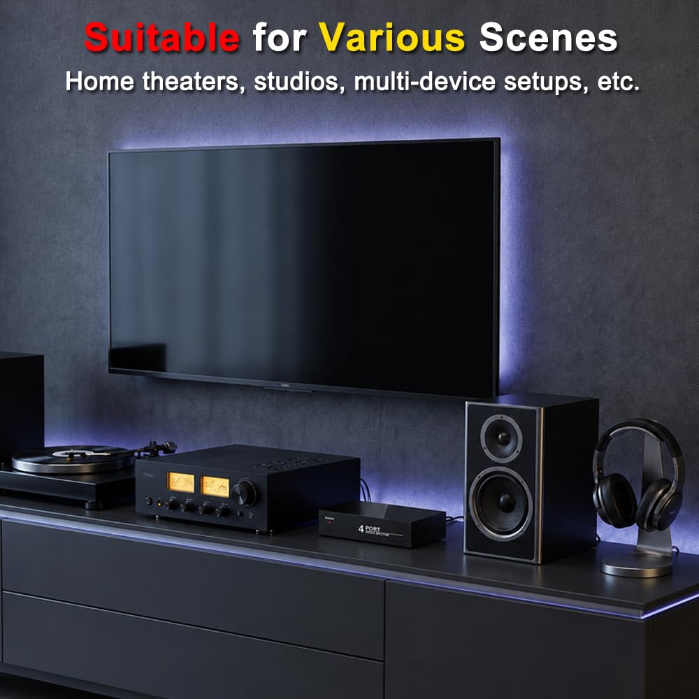 Divisor de audio auxiliar de 3,5 mm + RCA L/R, 1 entrada y 4 salidas, caja distribuidora de audio analógico estéreo