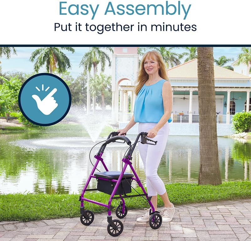 Woman demonstrating easy assembly of the rollator.