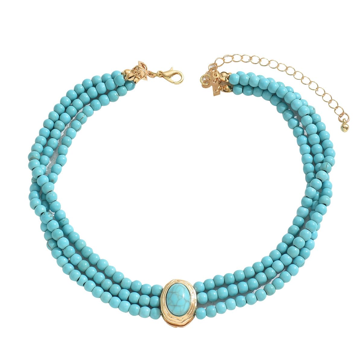 Turquoise Blue Beaded Choker Necklace Set for Women Girls | Gold Plated American Diamond Stone Pendant | Stylish Jewellery for Women | Aesthetic Fashion Accessories | Elegant Gift for Woman 42-image-24