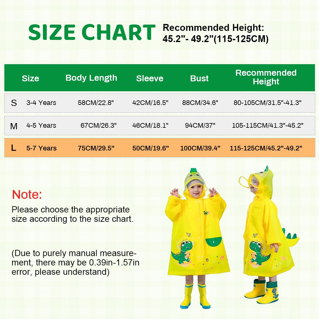 PATPAT® Dinosaur Kids Rain Coat EVA Hooded Rain Jacket with Transparent Wide Hood Brim Cartoon Rain Coat for Kids with Storage Pouch, Knee-length Kids Rain Coat for Boys Girls 5-7 Years Old, L 1