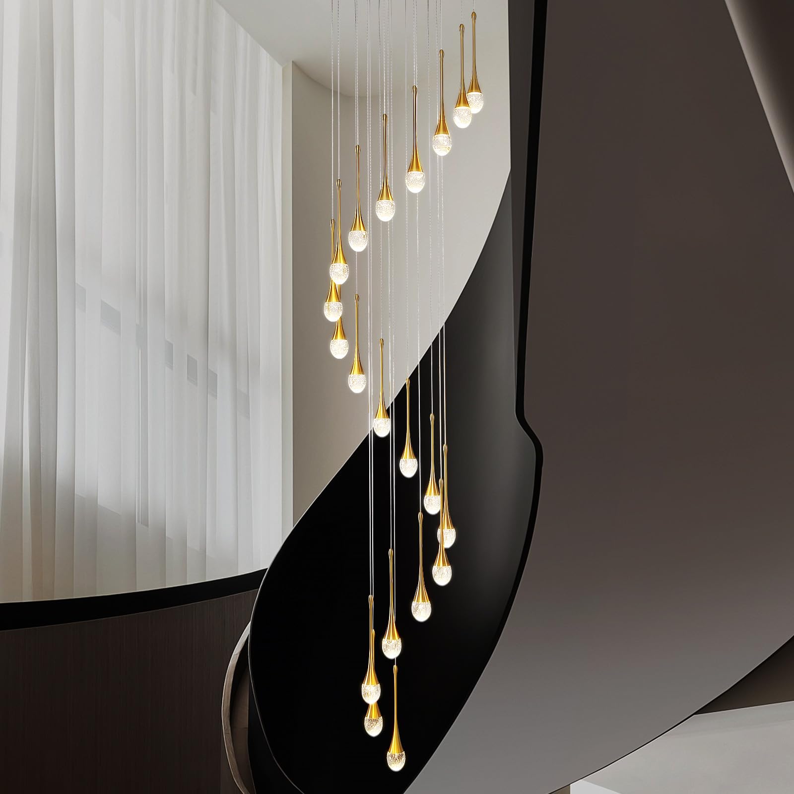 Zenithbeam Gold 138''/350Cm High 20Lights Spiral Staircase Pendant Chandelier Lampara De Living Room Ceiling Crystal Chandeliers Foyer Entrance Crystal Chandelier Raindrops Bubble Led 2700-6000K Dimmable