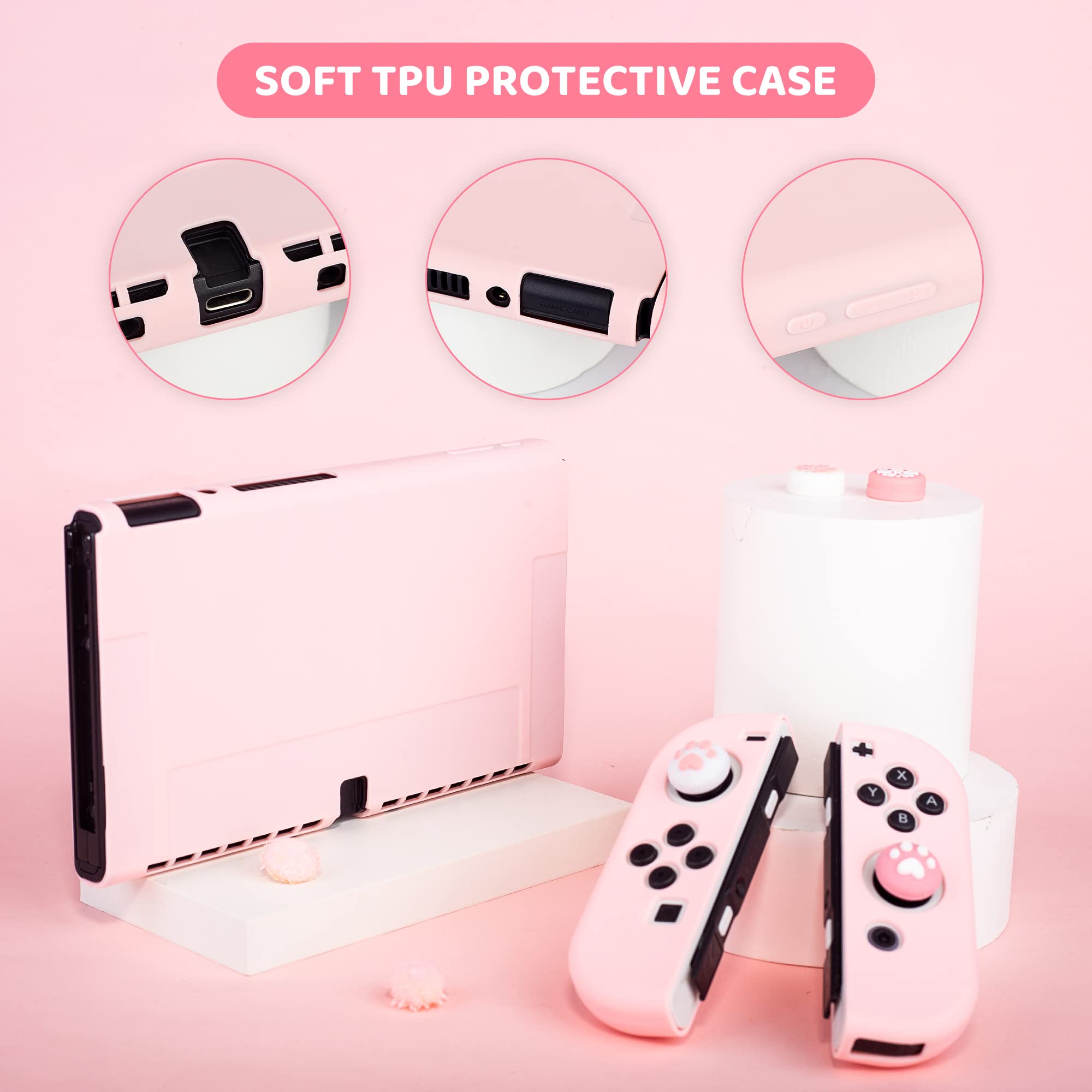 RHOTALL Custodia per Nintendo Switch OLED, custodia per Switch OLED con cover morbida, pellicola proteggi schermo, 4 tappi per pollice, cinturino da polso e tracolla, rosa
