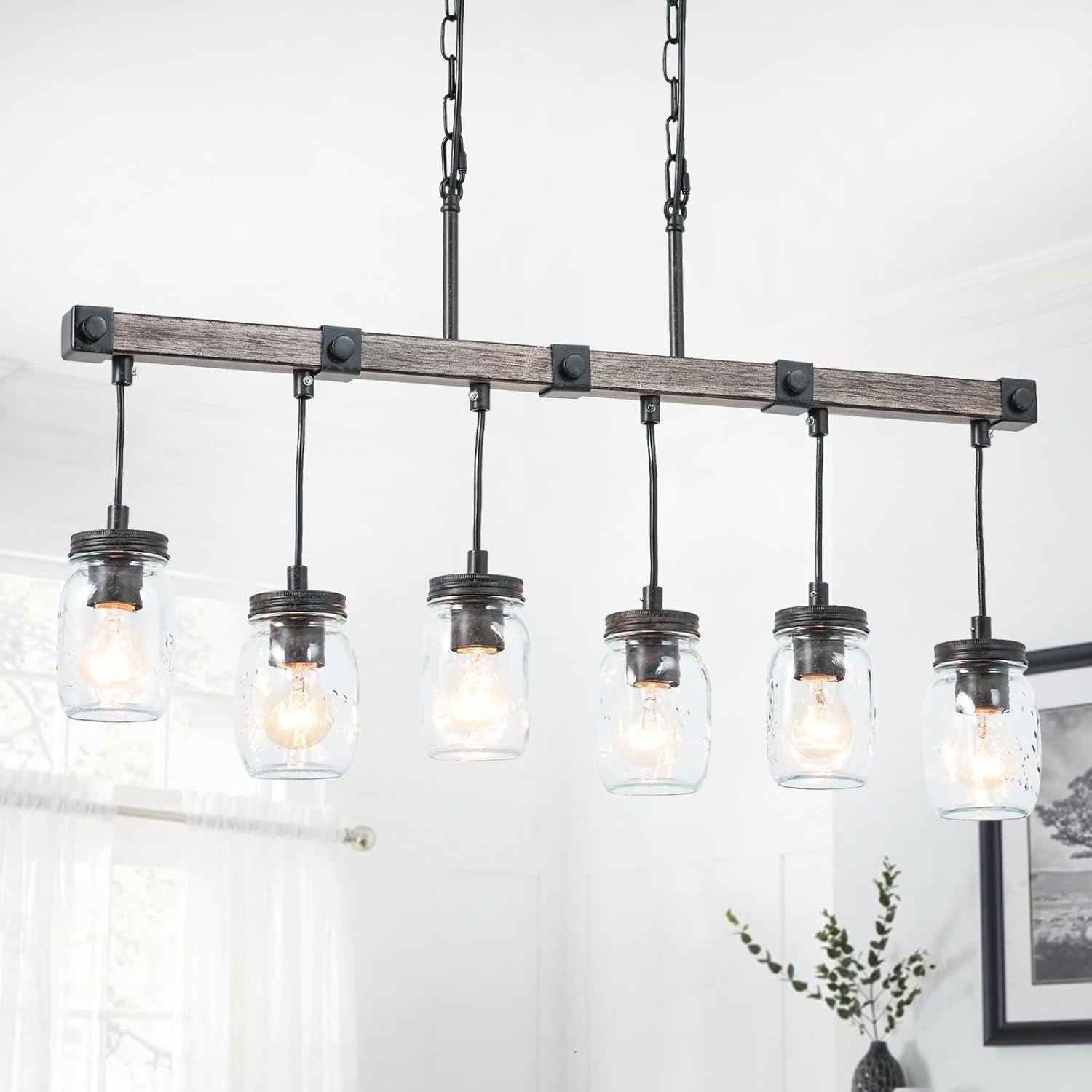Farmhouse Kitchen Island Lighting, Mason Jar Chandelier, 6-Light Linear Rustic Chandelier, 30" Black Retro Imitative Wood Finish Pendant Light with Clear Glass Globes,Dining Room Bar Pool Table