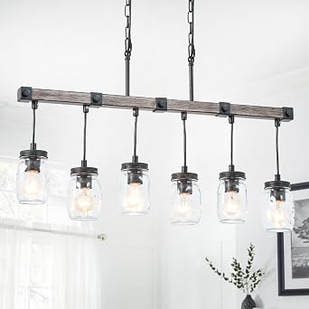 Farmhouse Kitchen Island Lighting, Mason Jar Chandelier, 6-Light Linear Rustic Chandelier, 30" Black Retro Imitative Wood Finish Pendant Light with Clear Glass Globes,Dining Room Bar Pool Table