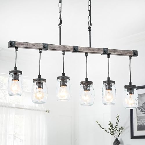 Farmhouse Kitchen Island Lighting, Mason Jar Chandelier, 6-Light Linear Rustic
