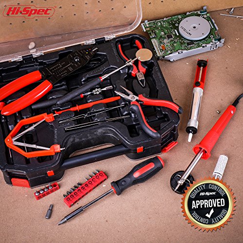 Hi-Spec 60 Piece Electronics Electrical Engineer Tool Kit with 30W Soldering Iron, Desoldering Pump, Wire Crimper, Stripper, Cutter, Magnetic Ratcheting Screwdriver and Bits, IC Extractor Tool in Case