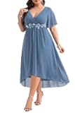 Plus Size Dresses Wedding Guest - Formal Cocktail Chiffon Appliques V Neck Ruffle Short Sleeve High Low Dress Women