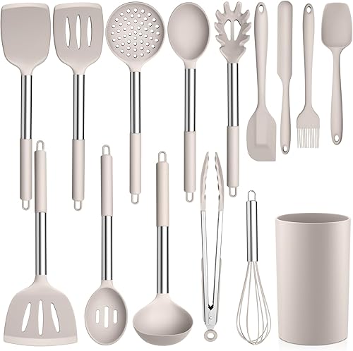 LIANYU Juego de utensilios de cocina de 15 piezas con soporte, herramientas de cocina de silicona con mango de acero inoxidable, accesorios
