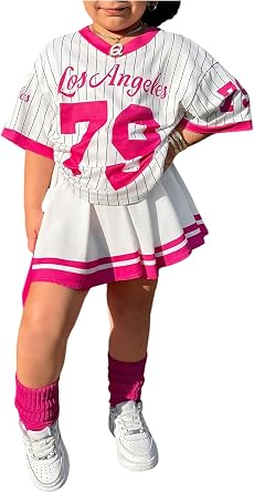 WDIRARA Girl's 2 Piece Jersey Outfits Striped Number V Neck Shirts and Pleated Skirts Sets