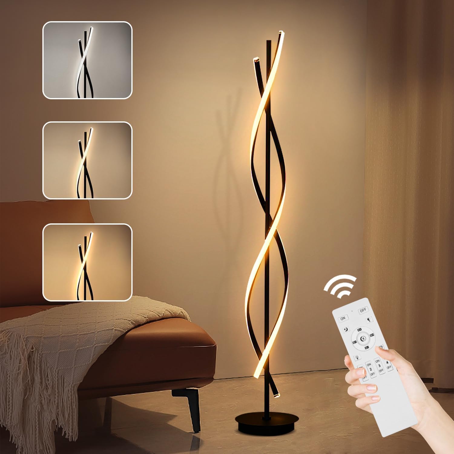 Lampada Da Terra LED Dimmerabile, 52W Piantana Lampada Da Terra Salotto, Moderna Lampada Da Pavimento Con Telecomando, 155cm Spirale Lampada Soggiorno Per Lettura, Camera Da Letto, Ufficio (BLACK)