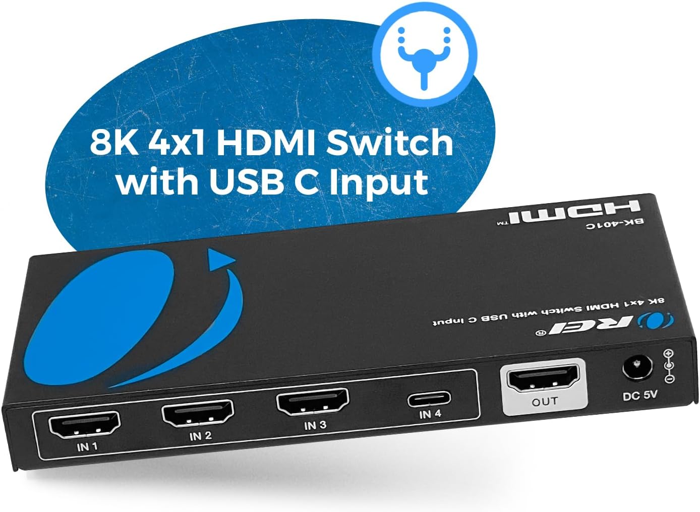 Rear view of the OREI BK-401C switch showing HDMI input ports, USB-C input port, HDMI output port, and DC 5V power input.