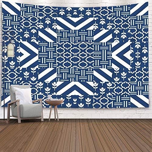 Asdecmoly Wall Tapestry, Xmas Décor Tapestry for Men Xmas Tapestry 60 Lx50 W Inches Dorm Wall Décor Patchwork Quilt Vector Pattern Tiles Dark Turquoise and White Square Indian Tapestry Wall Hanging