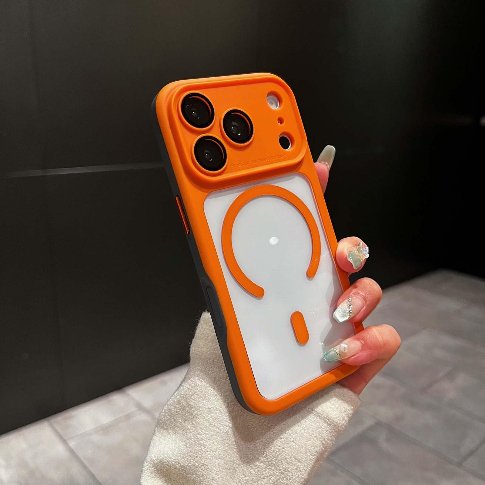 Carcasa genérica compatible con iPhone 15 Pro Max (color: naranja) Carcasa magnética a prueba de golpes de silicona rígida transparente
