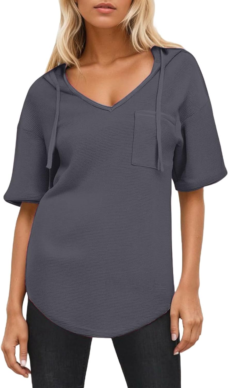 Half Sleeve Tops for Women V Neck Waffle Knit Hoodies Casual Pullover Tops Trendy Basic Tees with Chest Pocket