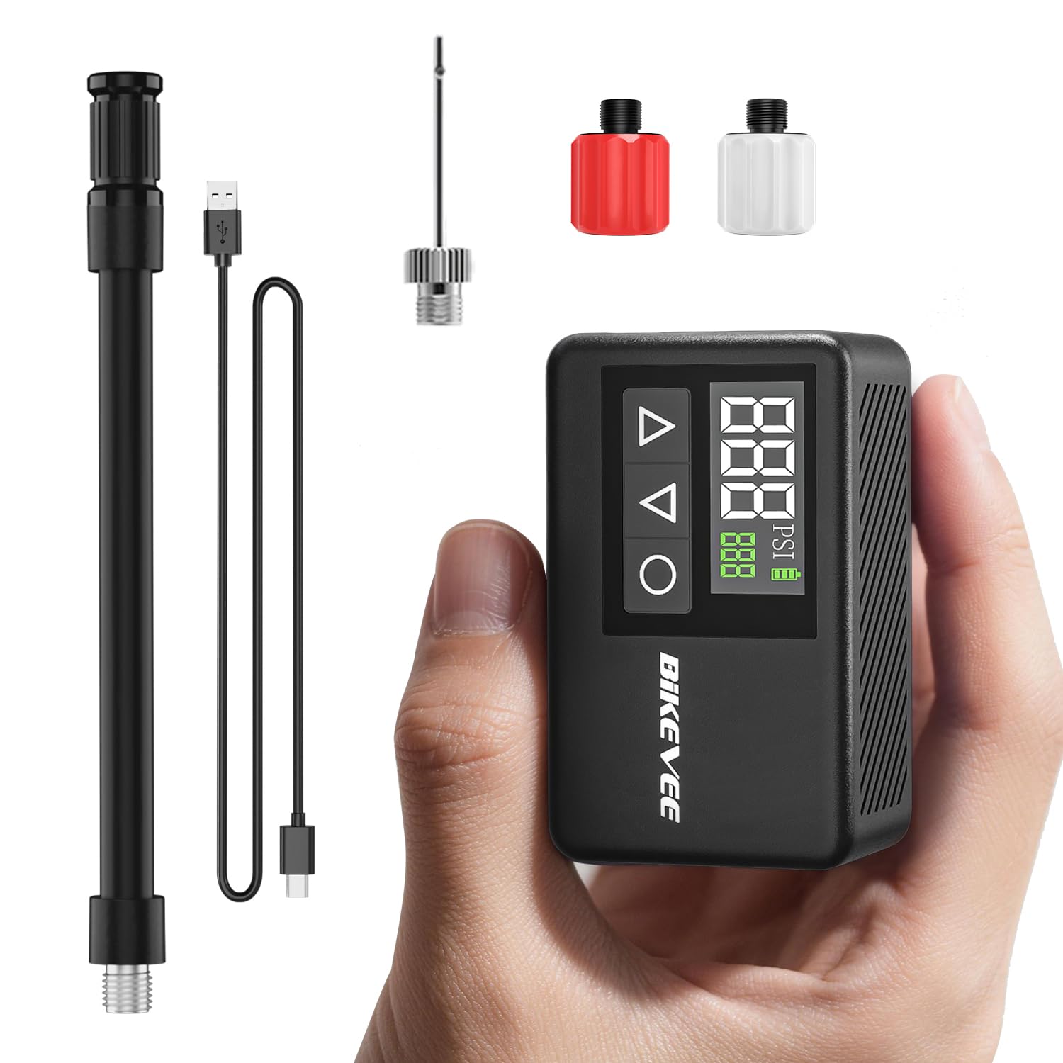 Bikevee Mini Electric Bike Pump 120 PSI Portable Rechargeable Bicycle Tyre Inflator with Digital Pressure Gauge Auto Shut Off for Presta and Schrader Valve Road MTB and City Bikes