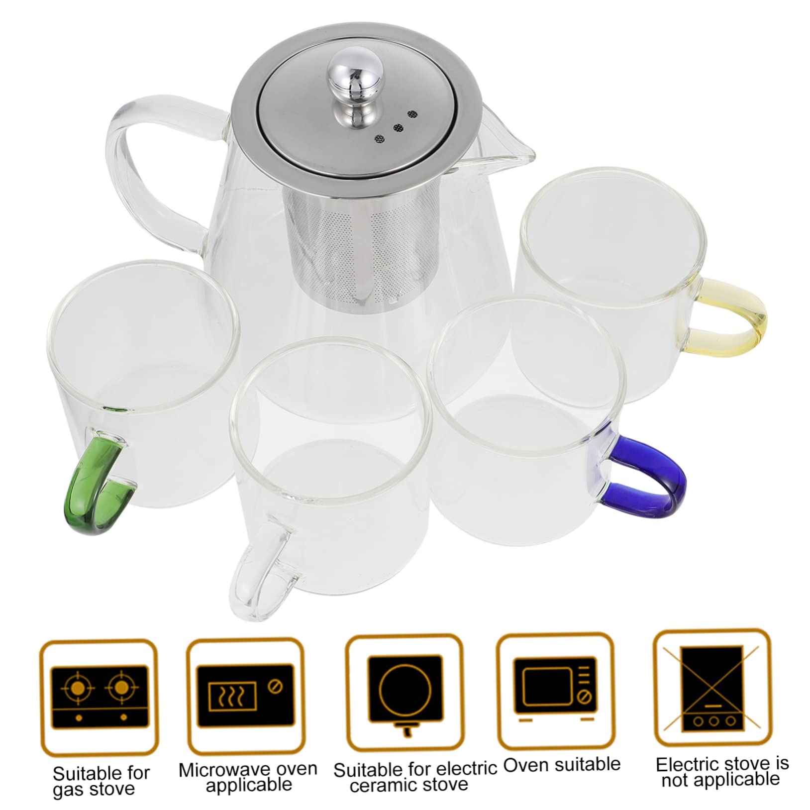 Mikinona Tetera Colador de Resistente al Calor para Hacer Té Incluye Tetera y Tazas para Uso Cocina o Sala de Estar de Vidrio