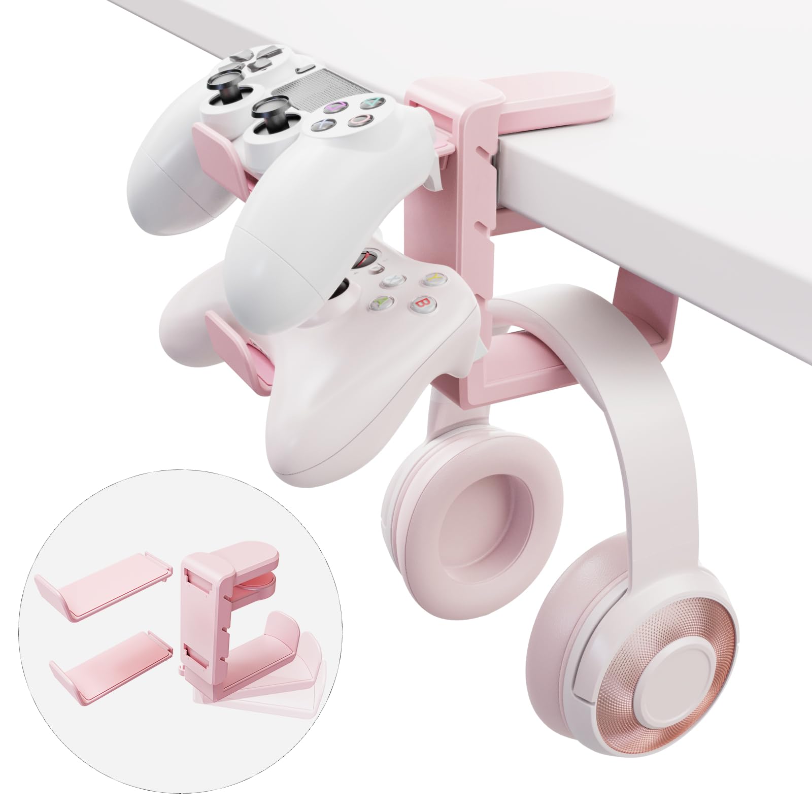 3-in-1 PC Gaming Headset&Controller Holder - EURPMASK Headphone Stand w/Adjustable Clamp&2 Controller Holder&Rotating Arm&Cable Organizer, Universal PC Gaming Accessory Controller Headset Stand-Pink