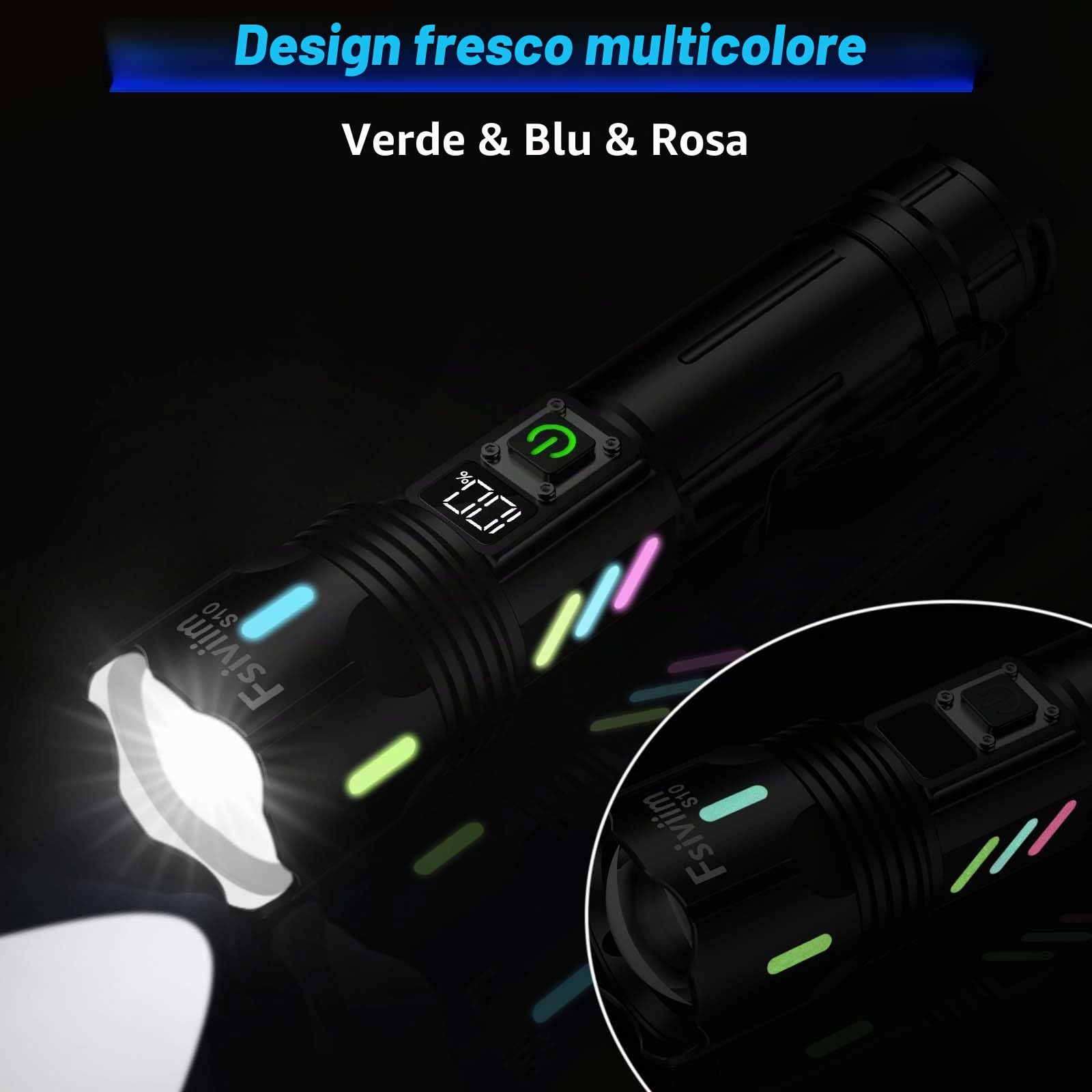 Torcia LED Potente Professionale, 1,000,000 Lumen Torcia Led Ricaricabile Potente, Torcia Ricaricabile USB, zoomabile, 5 modalità， Per Campeggio Trekking Emergenza