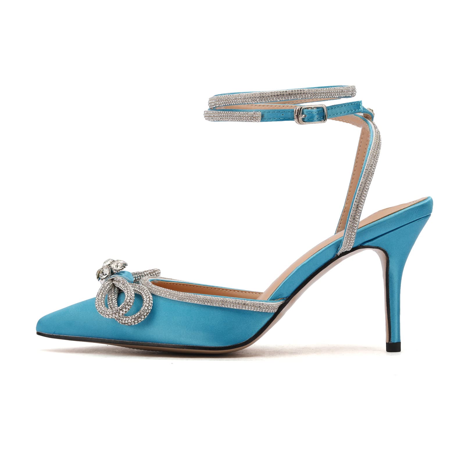 Arqa Rhinestone Bow Heels for Women Pointed Toe Crystal Ankle Strap Slingback Pumps Satin Stiletto High Heel Sandals Wedding Bridal Shoes