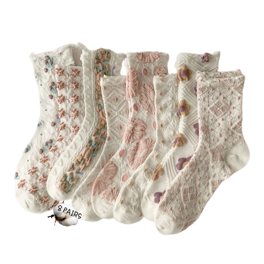 5/8 Pairs Cute Women Socks Winter Gifts for Women Floral Ankle Thermal Socks Boot Hiking Socks Warm Thick Soft Cotton Socks Cozy Crew Socks (8 Pairs)