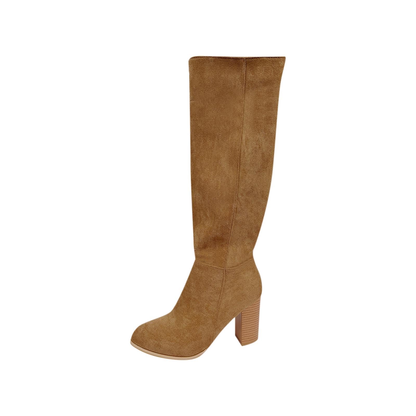 Ctreela Womens Chunky High Heel Knee Length Boots Versatile Winter Fall Tall Boots with Side Zipper Dressy Suede