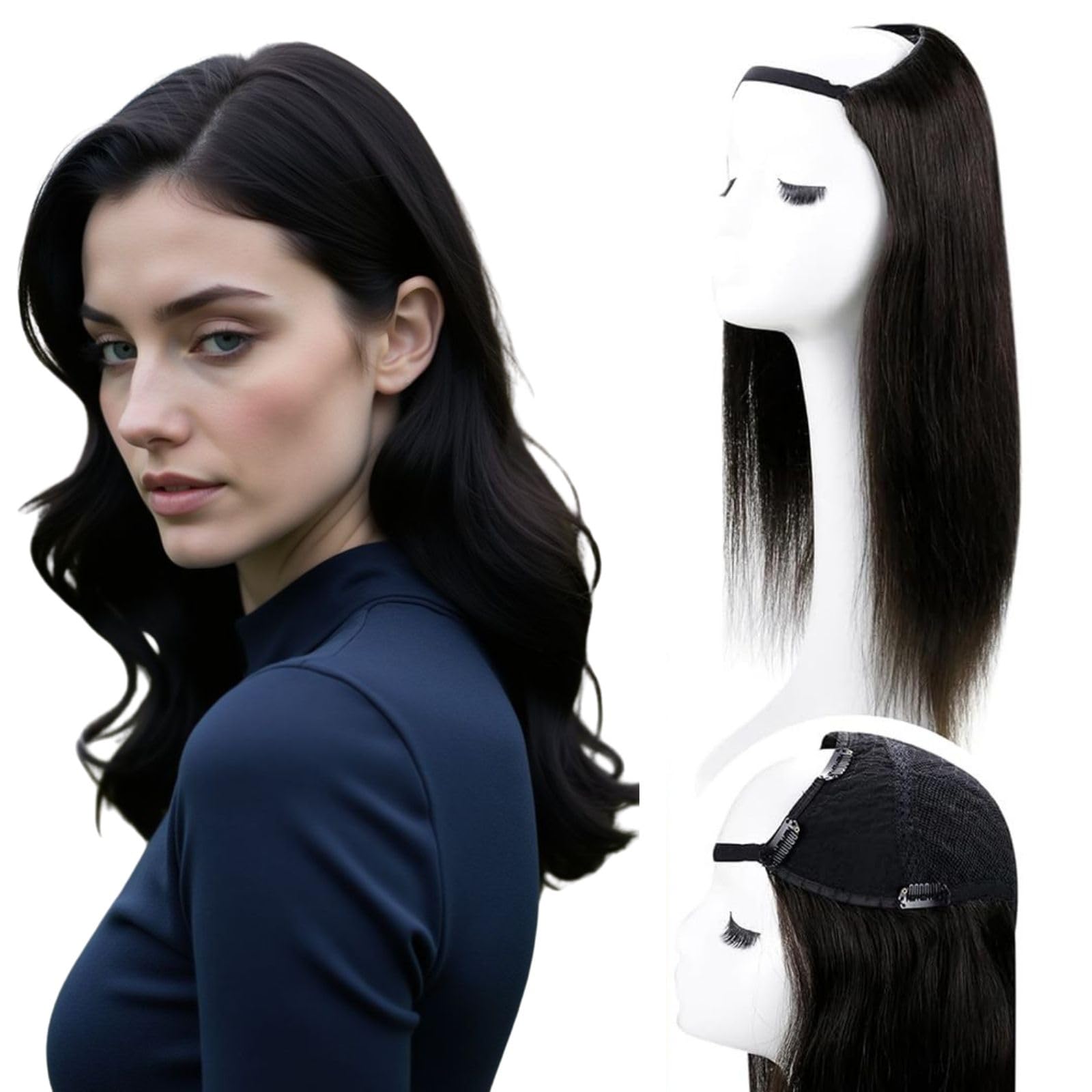 RUNATURE U Part Human Hair Wig Natural Black Straight U Prat Wig Human Hair 18 Inch 150% Density Long Hair No Shedding Can be styled #1B