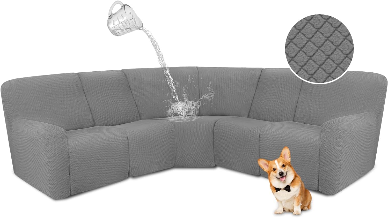 ALIECOM Waterproof Sectional Recliner Couch Covers for Reclining Sectional Stretch L Shaped Recliner Sofa Cover Washable Jacquard Corner Sofa Slipcovers Pet Dog Protector (5 Seat, Middle Grey) 5 Seat Middle Grey