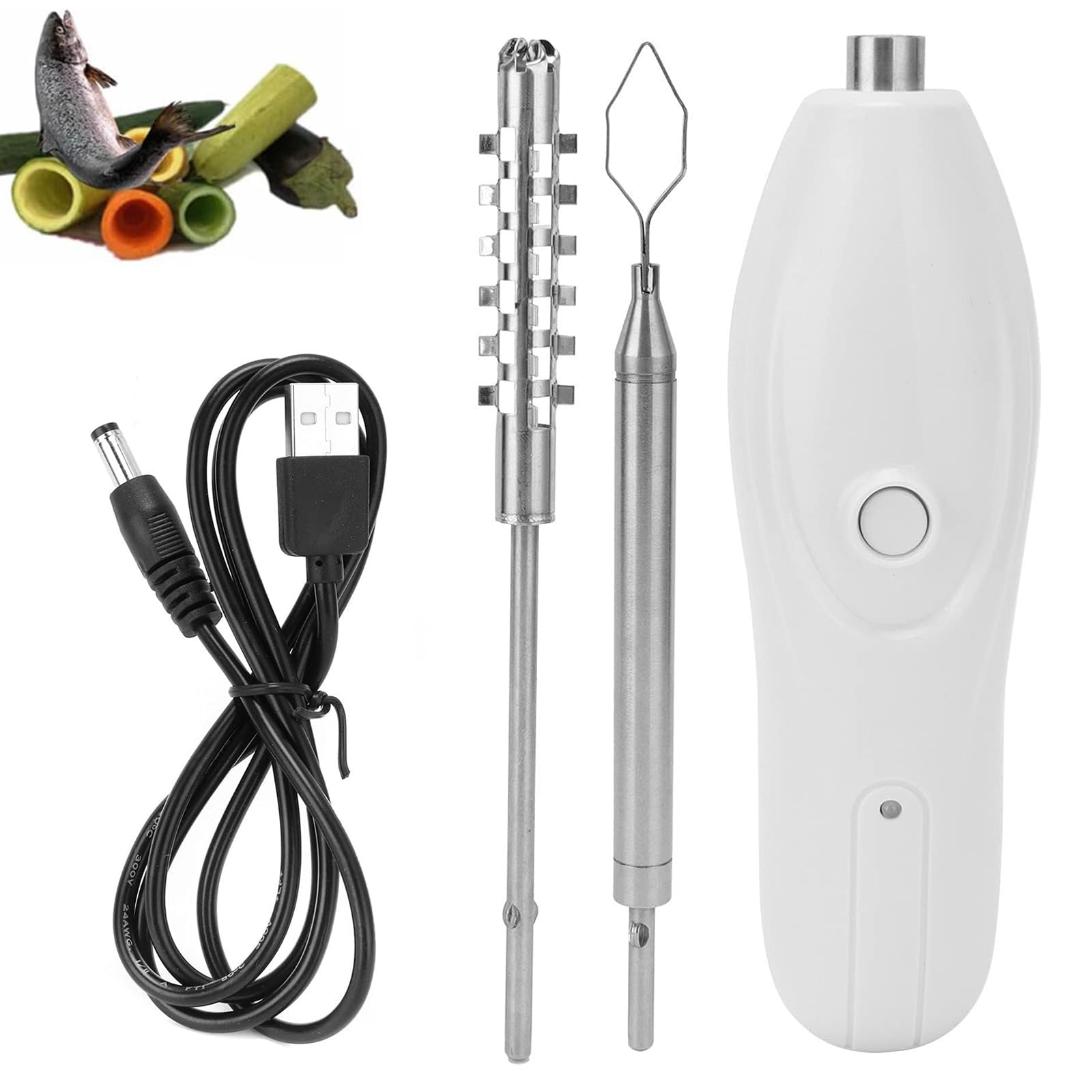 Descorazonador eléctrico de verduras y pescado, máquina de raspado inalámbrica con 2 cabezales de corte de acero inoxidable, descorazonador de frutas y calabacín para mariscos, pepino y frutas