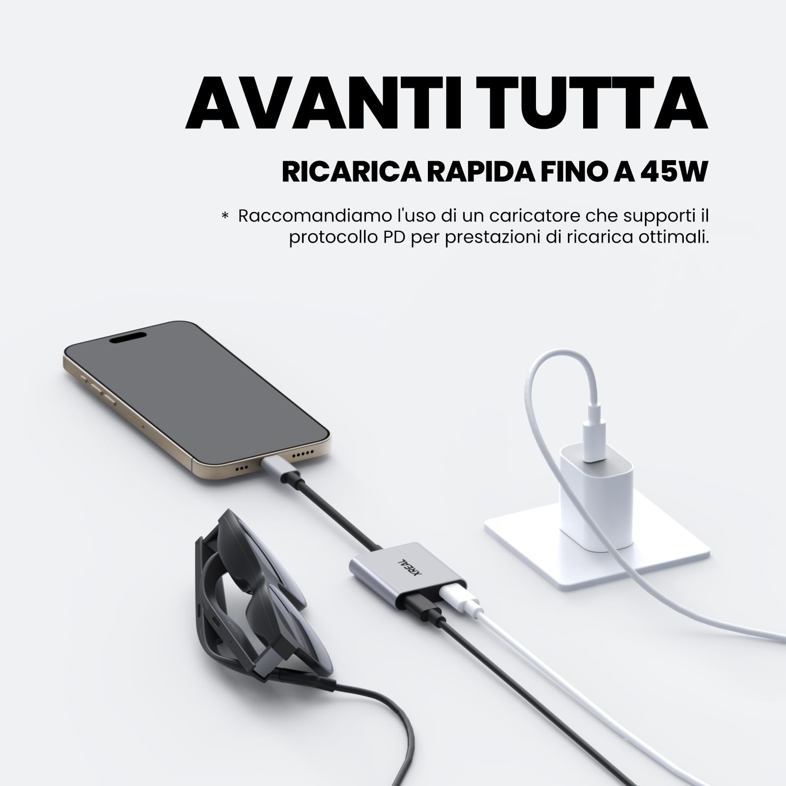 XREAL Hub, Power and Play Adattatore, Alimenta AR Occhiali mentre Ricarica il Dispositivo Sorgente, Come Steam Deck, ROG Ally, Switch, iPhone 15 o Android, Supporta 45W Ricarica Rapida e 120Hz