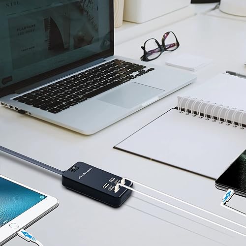 Miniatura 6 de Estación de carga USB, estación de carga de escritorio de 6 puertos para múltiples dispositivos, regleta de alimentación de pared con interruptor