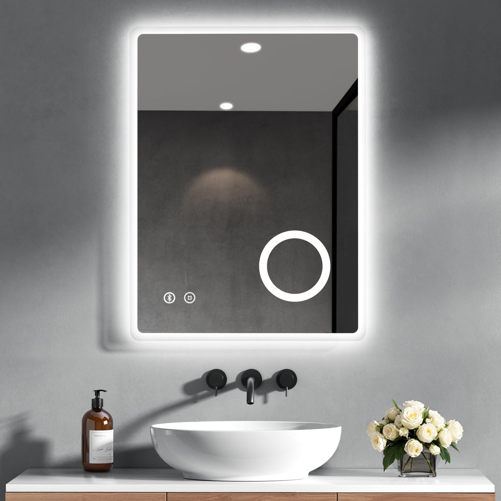 Heilmetz 500 x 700mm Bathroom Mirror with LED Lights, Illuminated Bathrooms Mirror with Bluetooth, Demister, Shaver Socket and 3x Magnification, Vertical