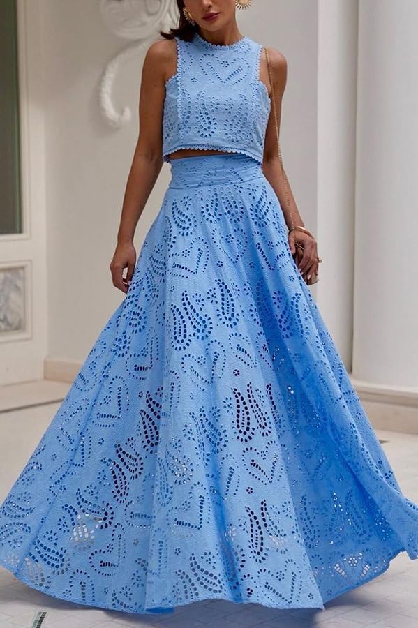 Melliflo Women's Summer 2 Piece Outfits Crop Tank Tops Long Skirt Set Sleeveless Maxi Dress Nightclub Party Dress with Pocket3