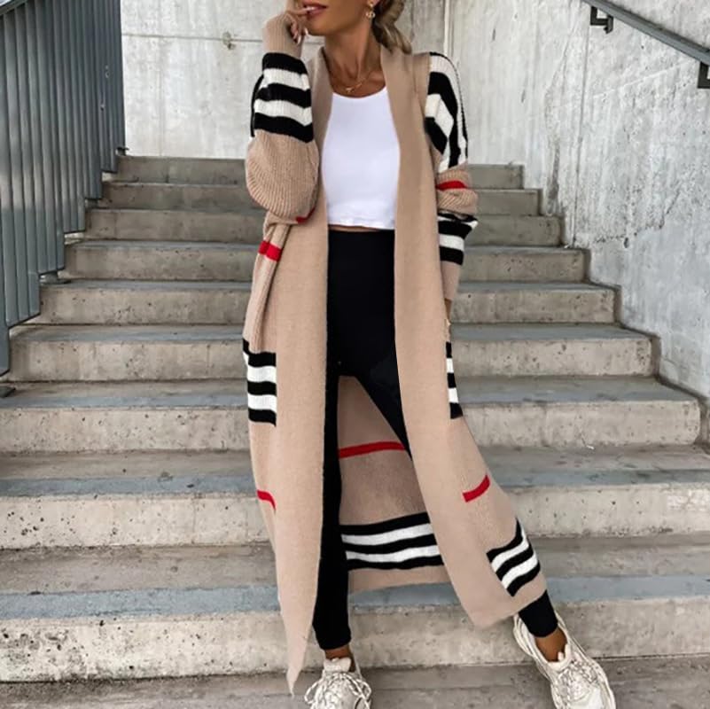 Womens Long Cardigan Sweaters Long Sleeve Striped Color Block Cardigans Open Front Loose Knit Sweaters Coat2