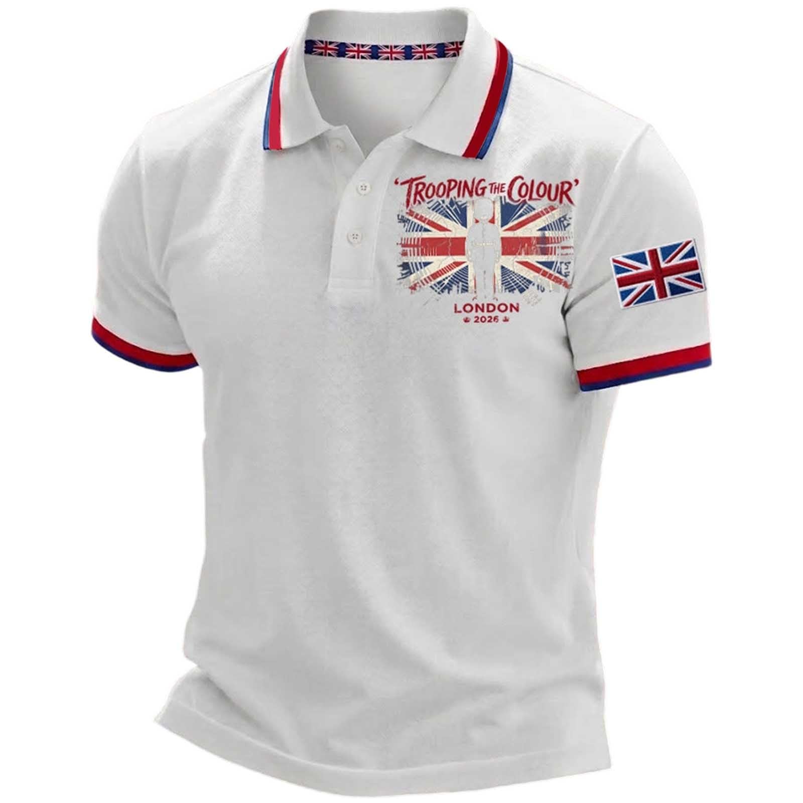 Mens England Polo Shirts Football 2026 Short Sleeve Collared Neck Great Britain Bunting Flags Print Union Jack T Shirt England Football Jersey Tops Breathable Fans Shirts (004-White, 3XL)