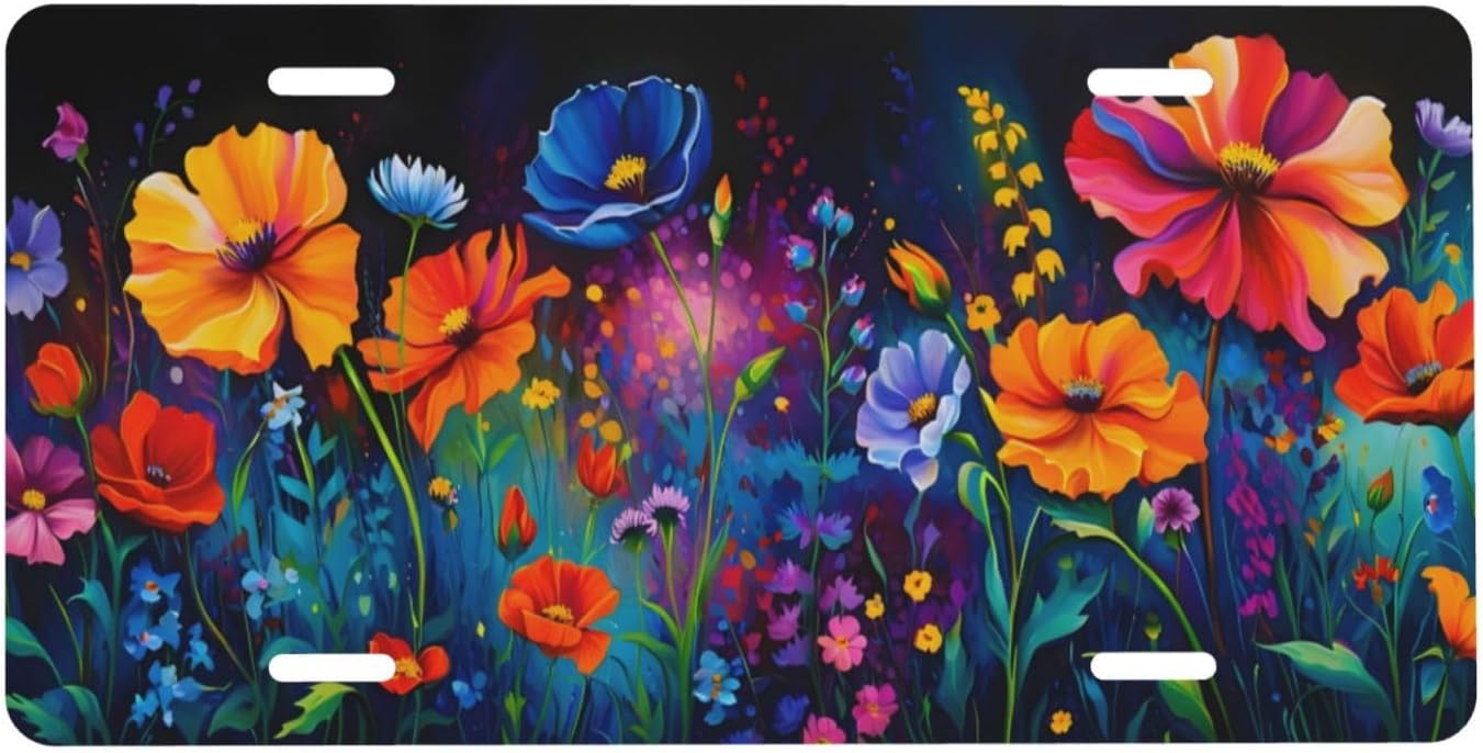 Wildflower Flower Art Front License Plate for Women Car Vanity Plates Decorative Aluminum Metal Cute Novelty License Plate Cover for Men 6x12 Inch (4 Holes)