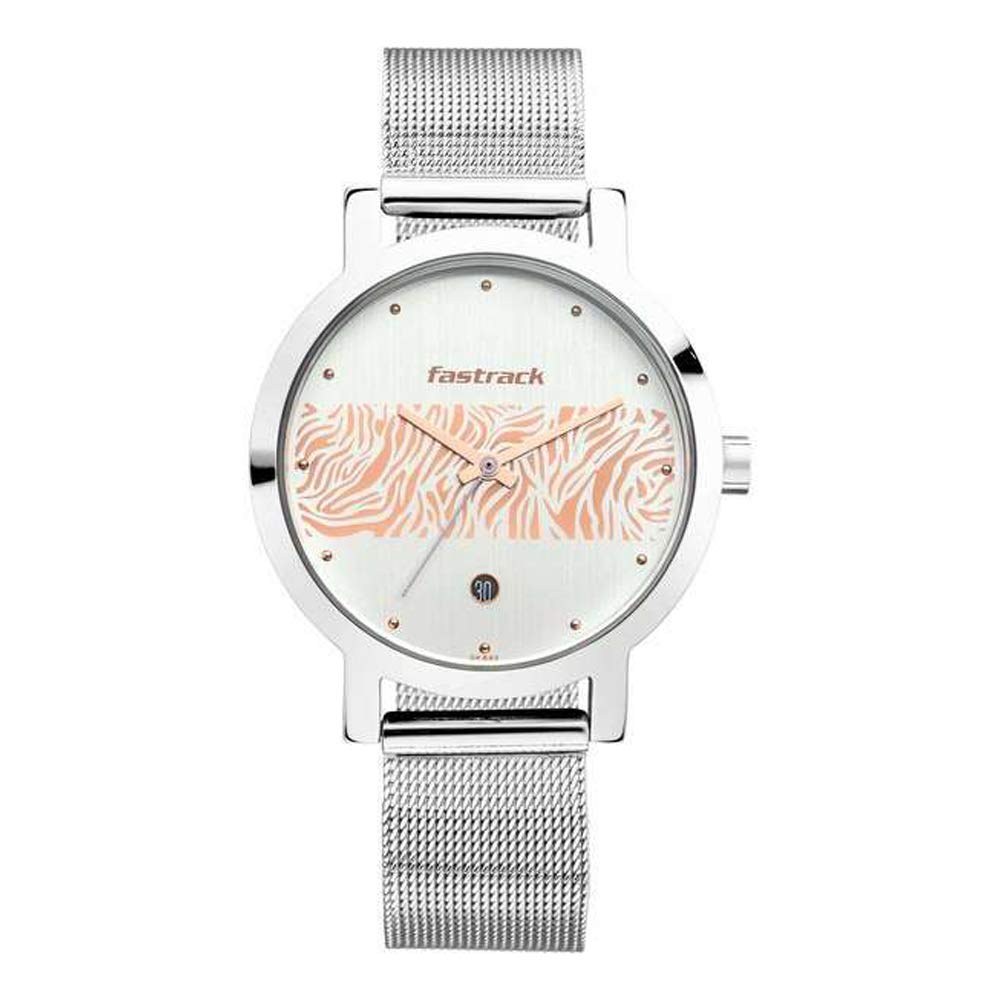 Fastrack Animal Print Quartz Analog with Date Bicolour Silver Dial Stainless Steel Strap Watch for Girls-NS6222SM03 (B08K8T6R3Q) Amazon Price History, Amazon Price Tracker