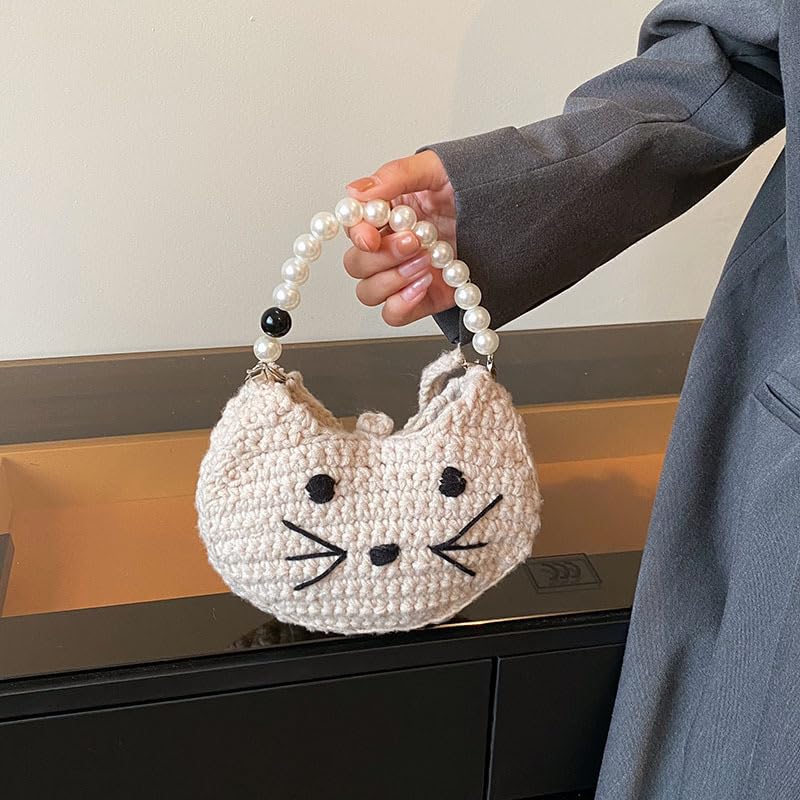 Crochet bag cat coin purse crochet animal crossbody bag, pearl chain crochet bag handbag, crochet shoulder bag2
