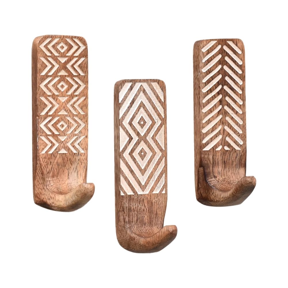 Rersduyt As Shown 3 Pack Non-Destructive Wood Wall Hooks - Adhesive Wall Hooks - Boho Decorative Wall Hooks
