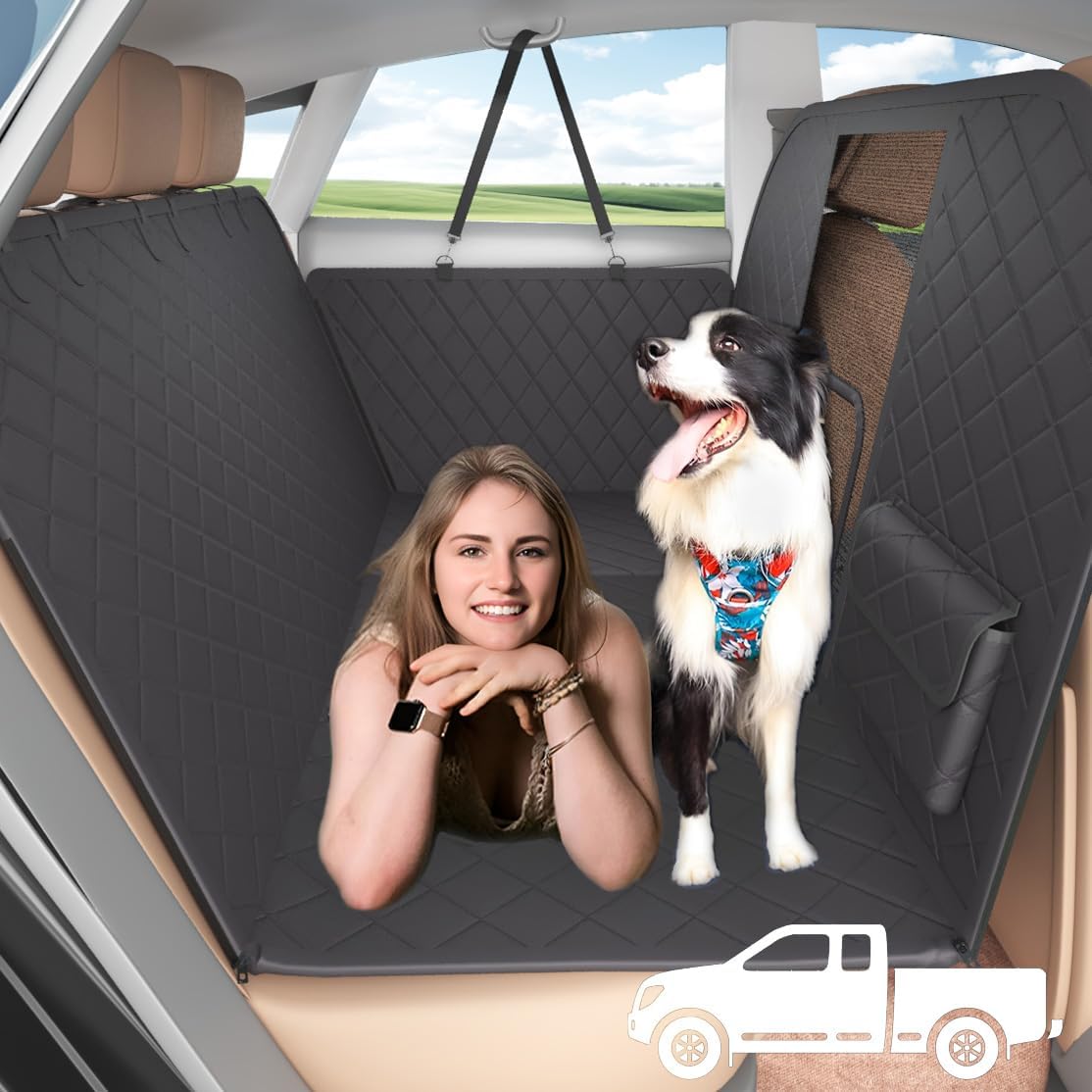 Back Seat Extender for Dogs with Escape-Proof Dog Car Barrier, Upgrated Firm Frame Dog Seat Cover for Back Seat Hard Bottom Holds 400lbs, WaterproofDog Travel Backseat Cover for Full Truck Black with Full Barrier For Full Size Truck