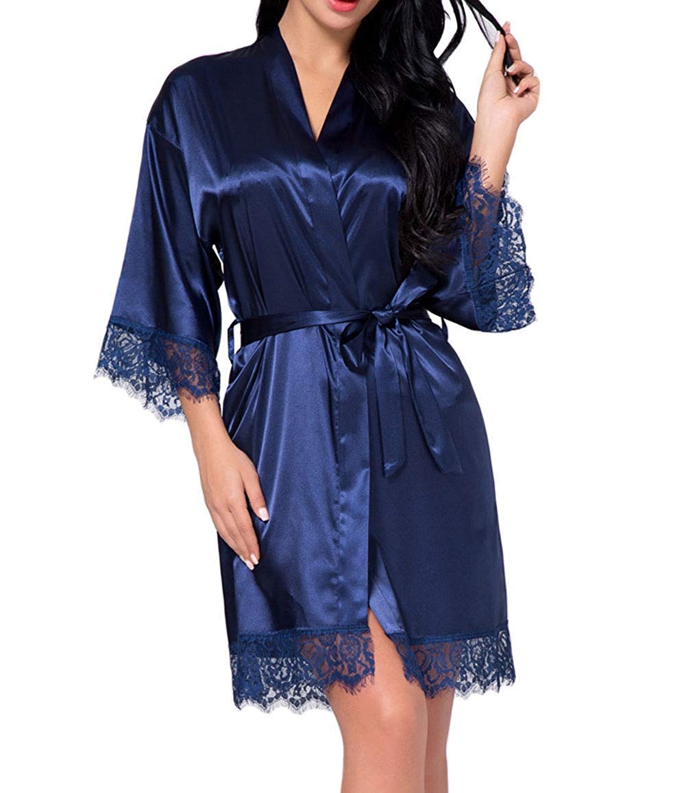 Jzlpin Women's Navy Blue Kimono Robe Solid Bathrobe Lace-Trimmed Dressing Gown Sleepwear Nightwear X-Large